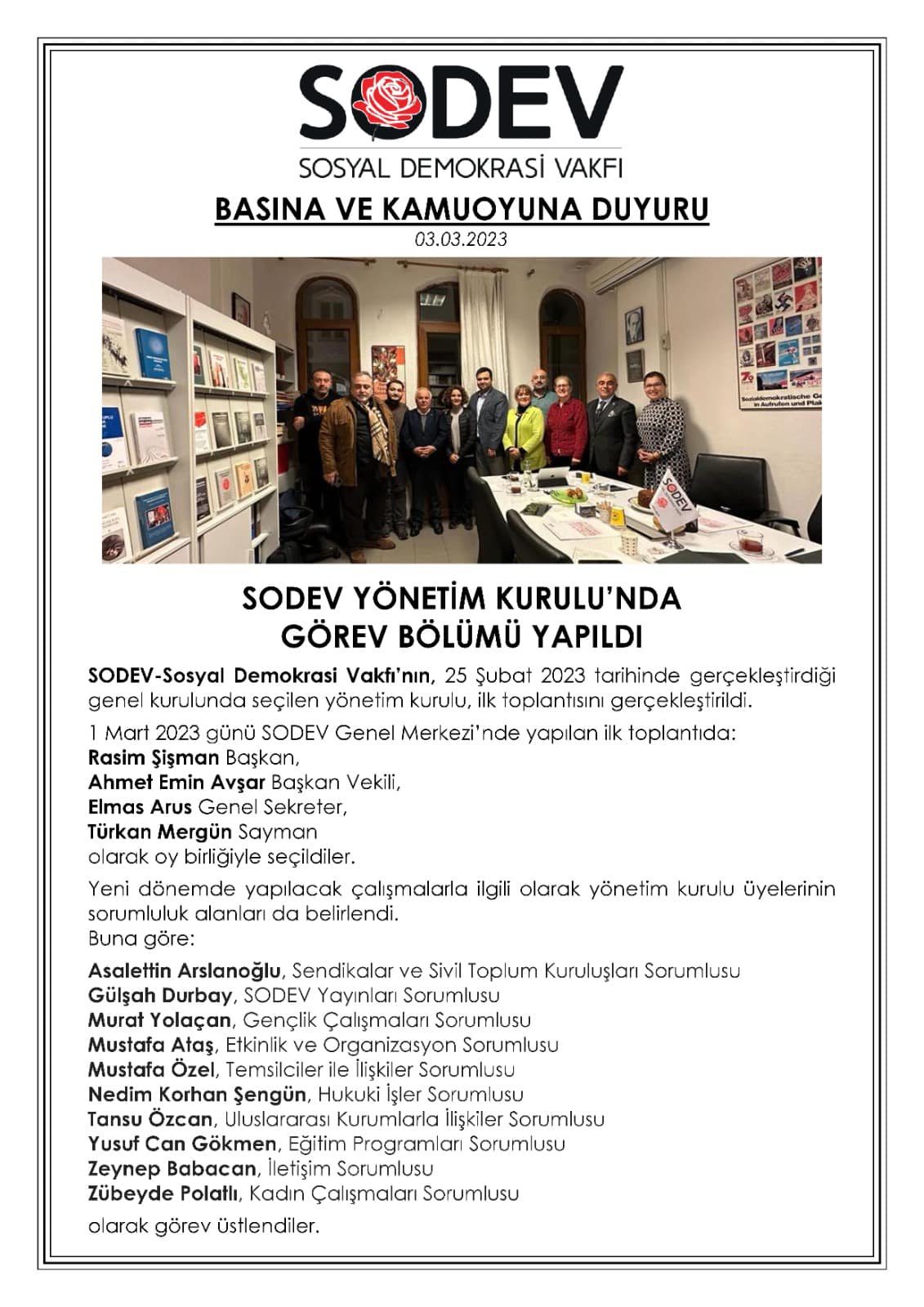 SODEV YÖNETİM KURULU GÖREV DAĞILIMINI YAPTI.